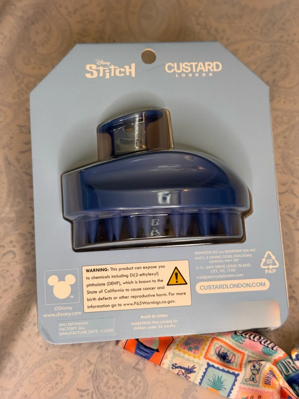 Disney Stitch Scalp Massager, Detangler Brush, and Metal Stich on Satin Scrunch